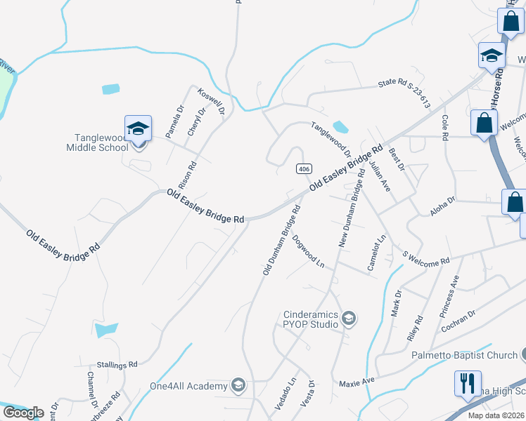 map of restaurants, bars, coffee shops, grocery stores, and more near 3014 Old Easley Bridge Road in Greenville
