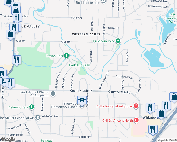 map of restaurants, bars, coffee shops, grocery stores, and more near 124 Verona Circle in Sherwood
