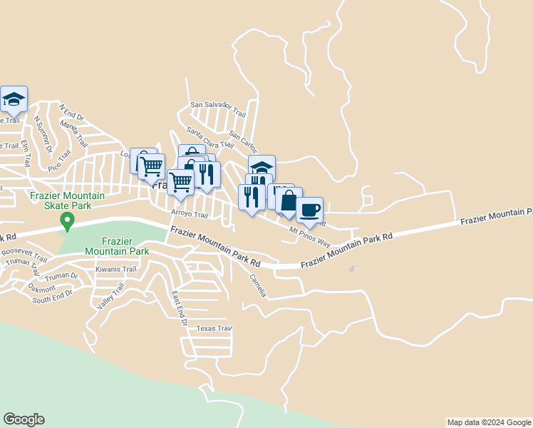 map of restaurants, bars, coffee shops, grocery stores, and more near 3205 Mount Pinos Way in Frazier Park
