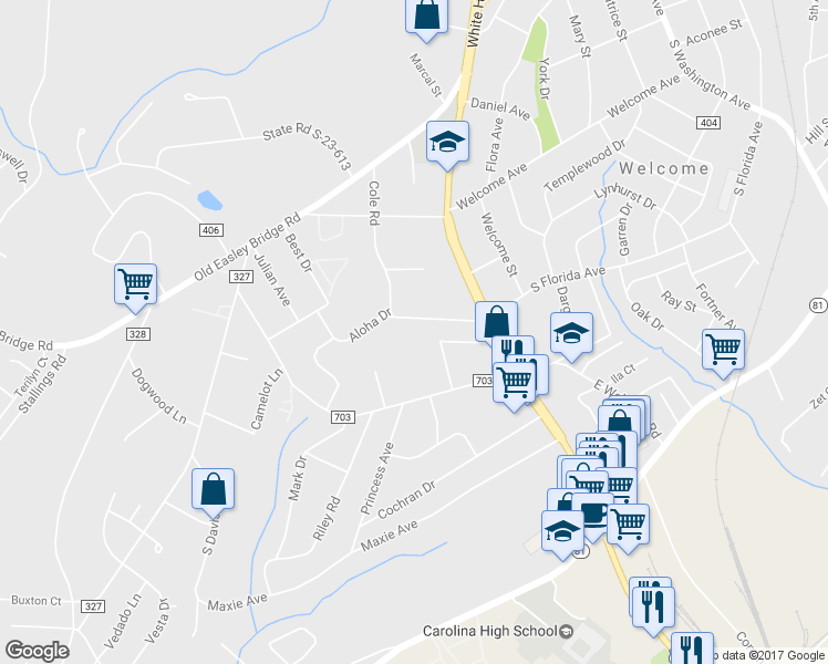 map of restaurants, bars, coffee shops, grocery stores, and more near 13974 Cole Road in Greenville