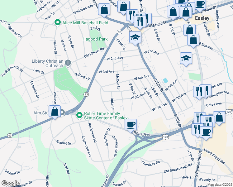 map of restaurants, bars, coffee shops, grocery stores, and more near 102 Duke Street in Easley