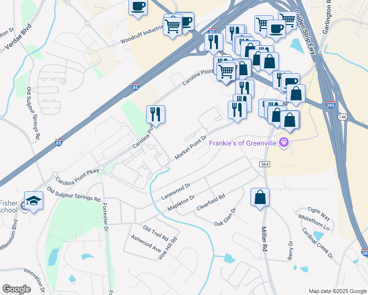 map of restaurants, bars, coffee shops, grocery stores, and more near 101 Market Point Drive in Greenville