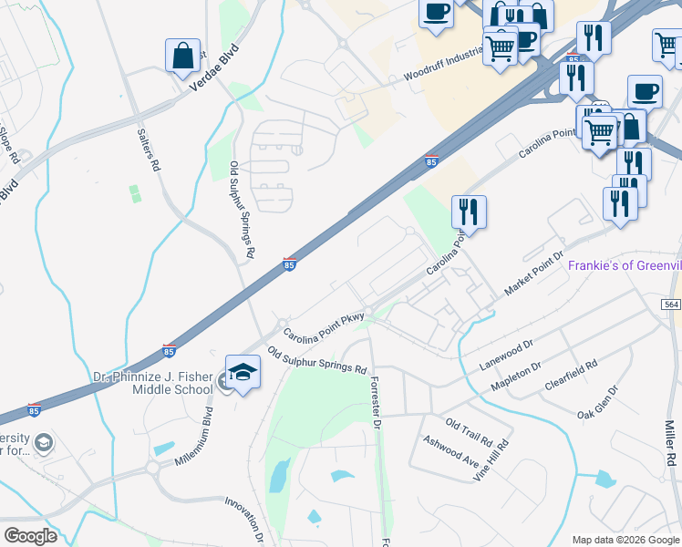map of restaurants, bars, coffee shops, grocery stores, and more near 200 Carolina Point Parkway in Greenville