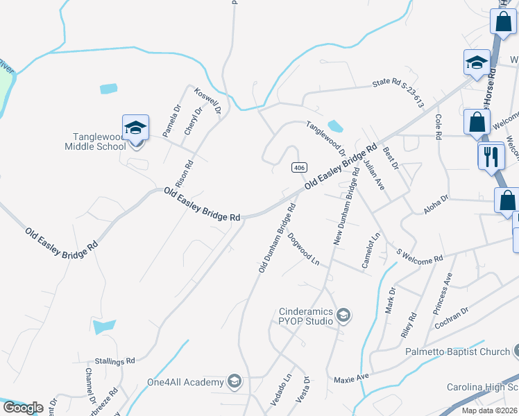 map of restaurants, bars, coffee shops, grocery stores, and more near 3014 Old Easley Bridge Road in Greenville