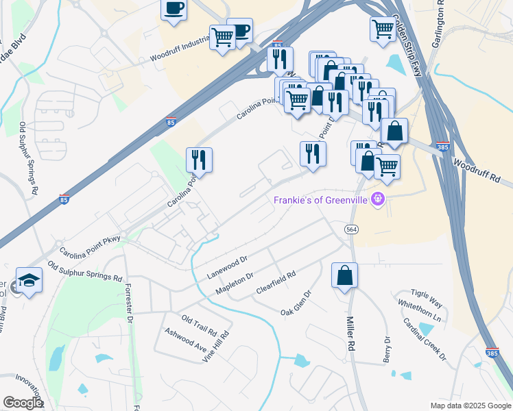 map of restaurants, bars, coffee shops, grocery stores, and more near 39 Market Point Drive in Greenville