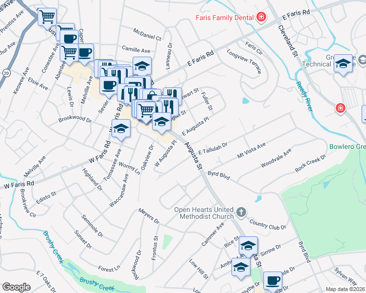 map of restaurants, bars, coffee shops, grocery stores, and more near 2408 Augusta Street in Greenville