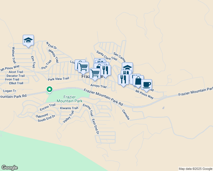 map of restaurants, bars, coffee shops, grocery stores, and more near 538 San Joaquin Trail in Frazier Park