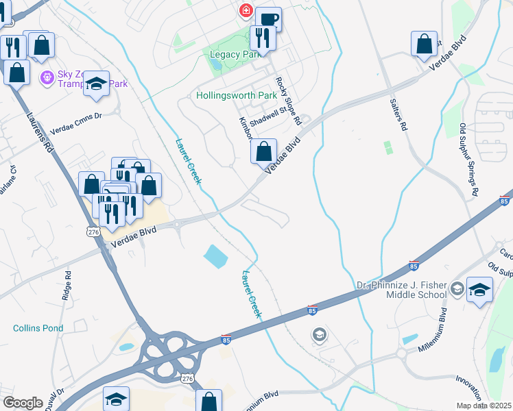 map of restaurants, bars, coffee shops, grocery stores, and more near 200 Azalea Hill Drive in Greenville