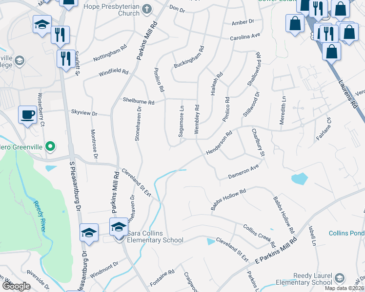 map of restaurants, bars, coffee shops, grocery stores, and more near 432 Henderson Road in Greenville