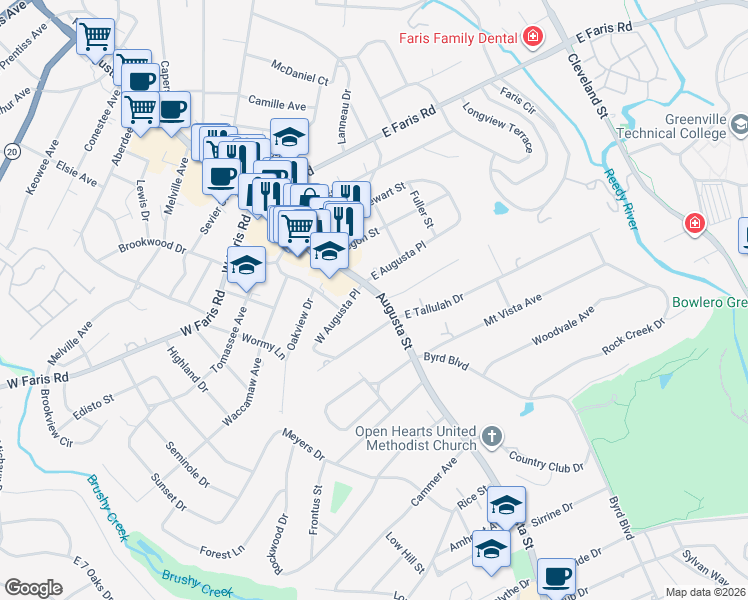 map of restaurants, bars, coffee shops, grocery stores, and more near 4 West Tallulah Drive in Greenville
