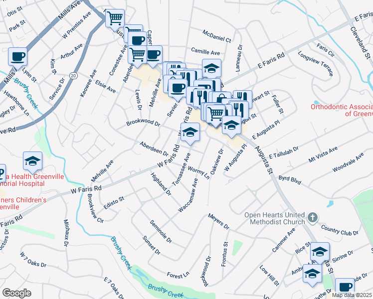 map of restaurants, bars, coffee shops, grocery stores, and more near 106 Tomassee Avenue in Greenville