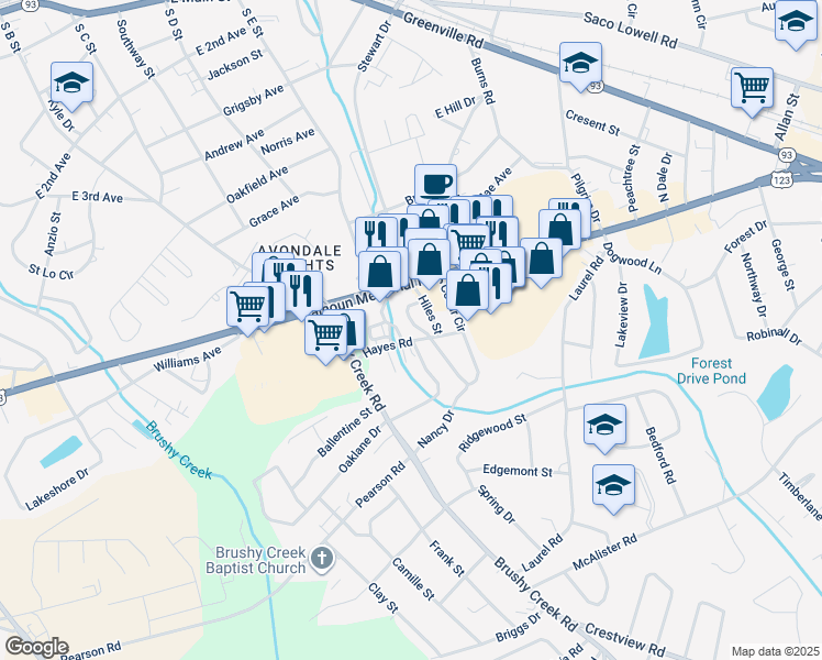 map of restaurants, bars, coffee shops, grocery stores, and more near 317 Cedar Circle in Easley