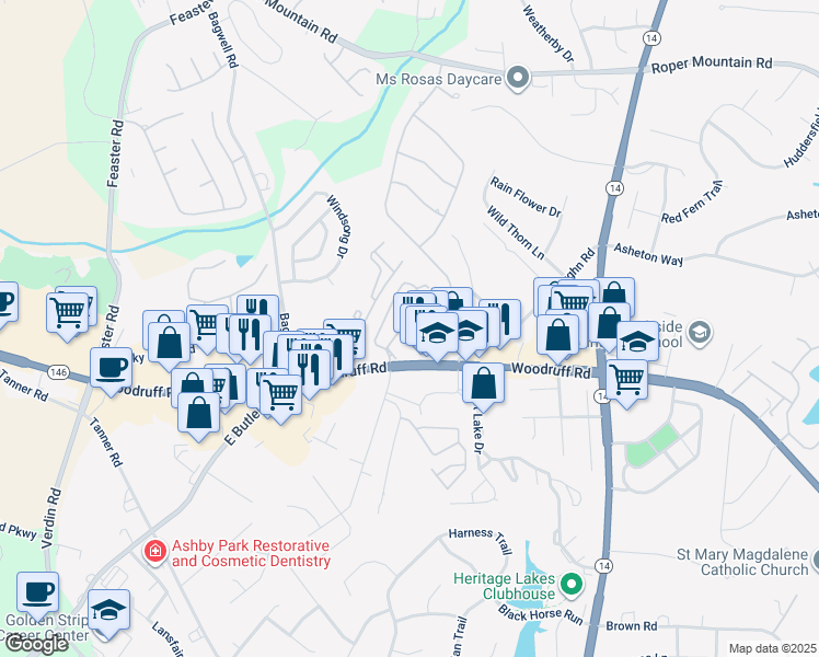 map of restaurants, bars, coffee shops, grocery stores, and more near 1901 Woodruff Road in Greenville