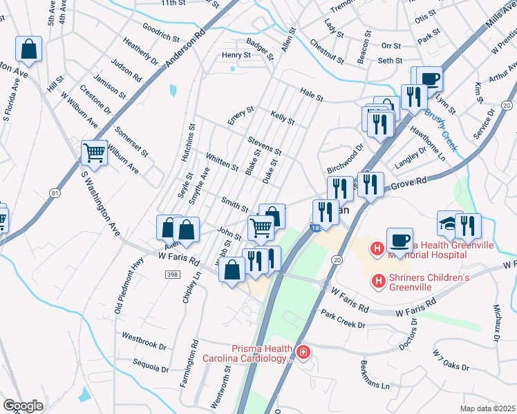 map of restaurants, bars, coffee shops, grocery stores, and more near 56 Duke Street in Greenville