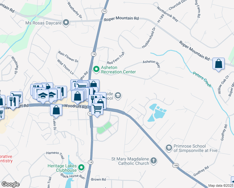 map of restaurants, bars, coffee shops, grocery stores, and more near 2211 Woodruff Road in Simpsonville