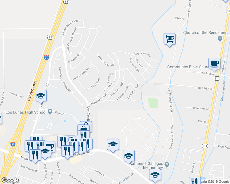 map of restaurants, bars, coffee shops, grocery stores, and more near 1120 Colibri Avenue Northwest in Los Lunas