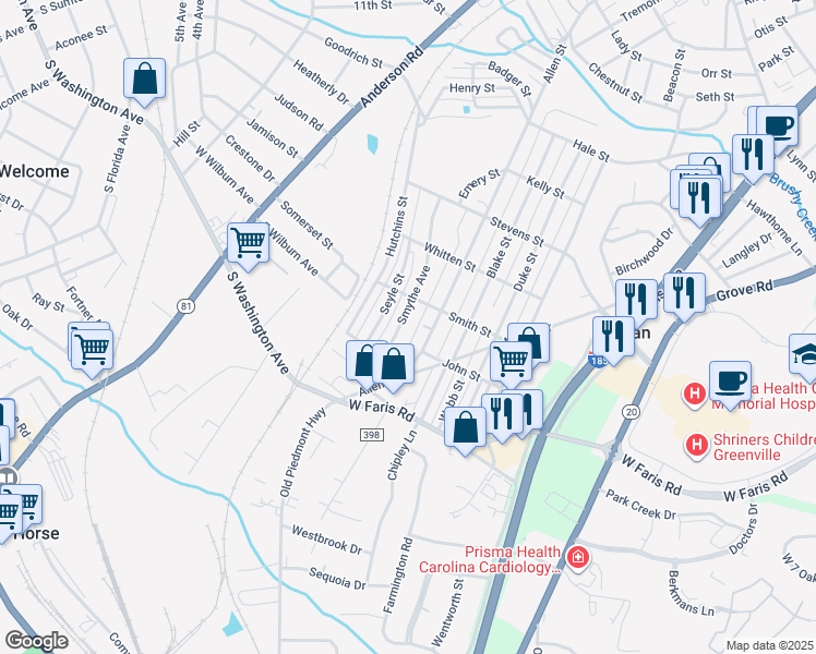 map of restaurants, bars, coffee shops, grocery stores, and more near 69 SC-23-5 in Greenville
