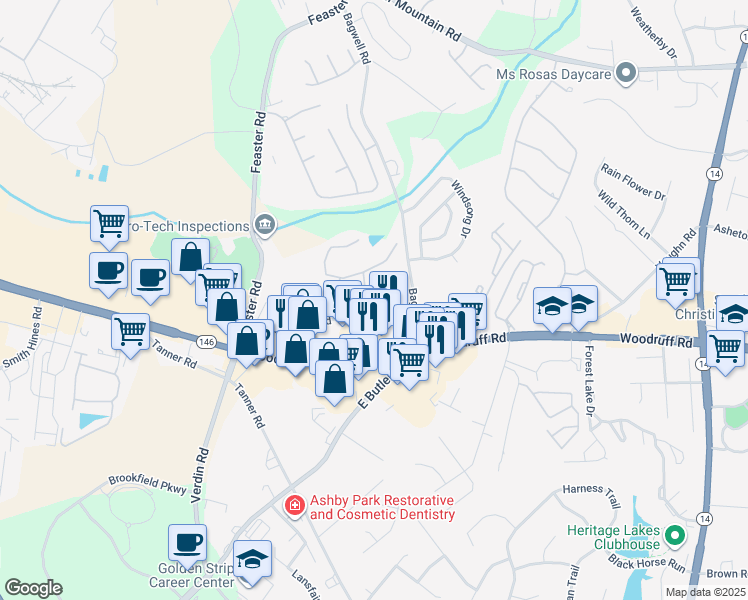 map of restaurants, bars, coffee shops, grocery stores, and more near 1000 Oak Springs Drive in Greenville