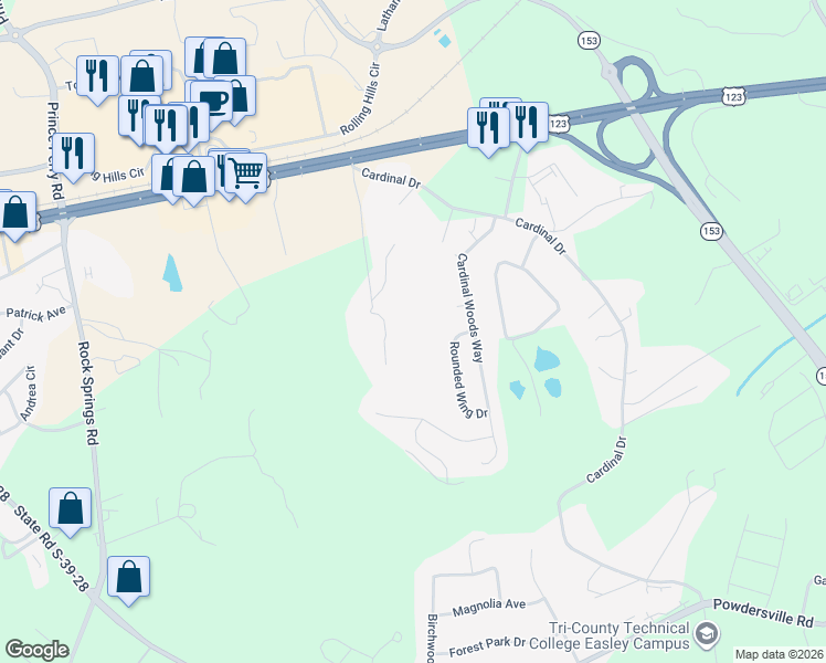 map of restaurants, bars, coffee shops, grocery stores, and more near 119 Rabbit Trail in Easley