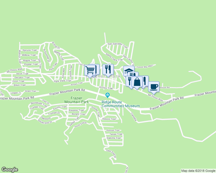 map of restaurants, bars, coffee shops, grocery stores, and more near 612 San Gabriel Trail in Frazier Park