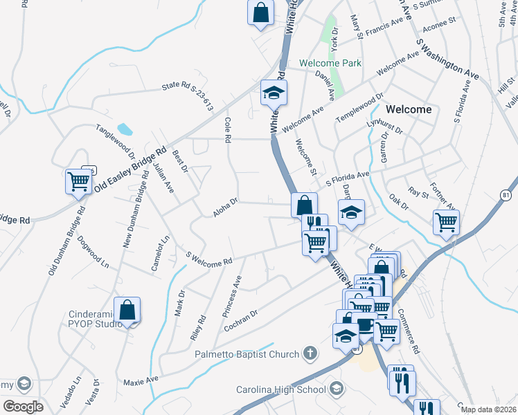 map of restaurants, bars, coffee shops, grocery stores, and more near 17 Cole Road in Greenville