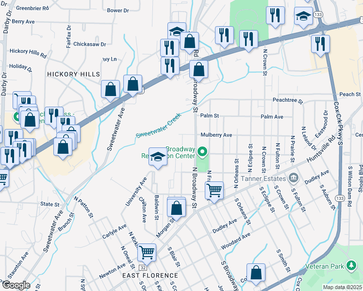 map of restaurants, bars, coffee shops, grocery stores, and more near 500 Short Street in Florence