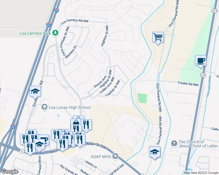 map of restaurants, bars, coffee shops, grocery stores, and more near 1141 Colibri Avenue Northwest in Los Lunas