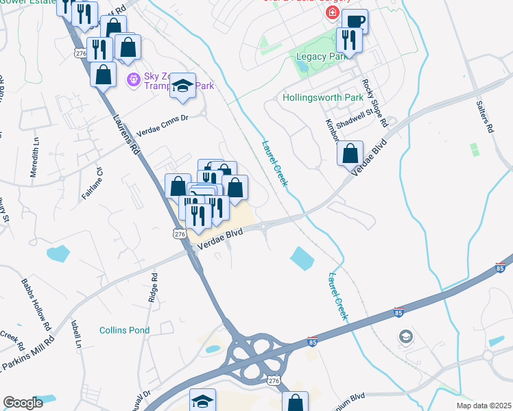 map of restaurants, bars, coffee shops, grocery stores, and more near 205 Verdae Boulevard in Greenville