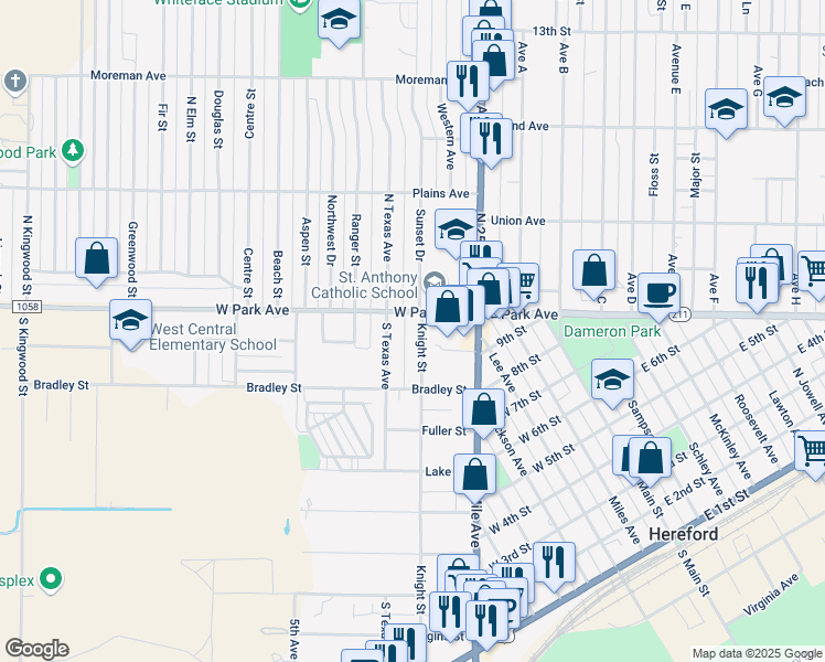 map of restaurants, bars, coffee shops, grocery stores, and more near 819 Knight Street in Hereford