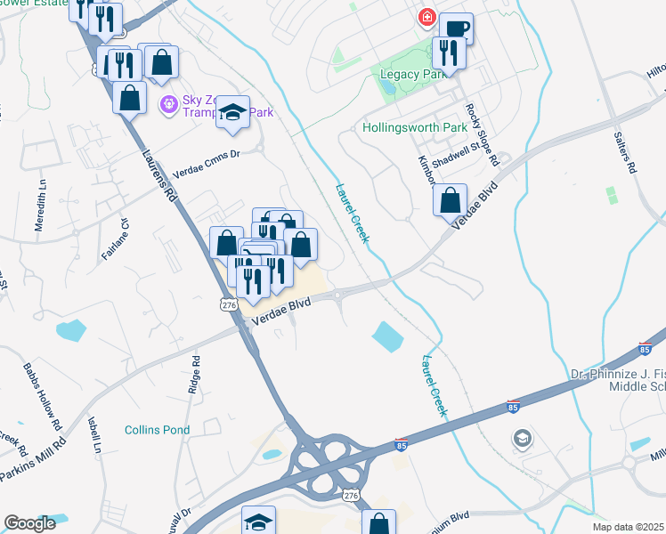map of restaurants, bars, coffee shops, grocery stores, and more near 205 Verdae Boulevard in Greenville