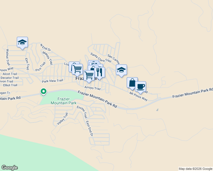 map of restaurants, bars, coffee shops, grocery stores, and more near 3408 Mount Pinos Way in Frazier Park