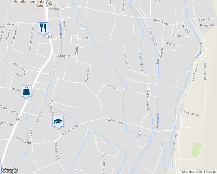 map of restaurants, bars, coffee shops, grocery stores, and more near 7 Rufina Drive in Peralta