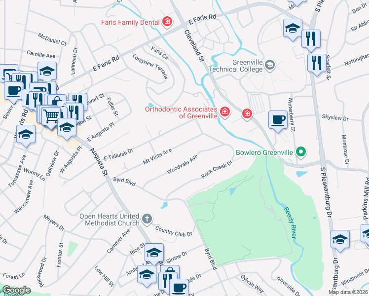 map of restaurants, bars, coffee shops, grocery stores, and more near 47 Woodvale Avenue in Greenville