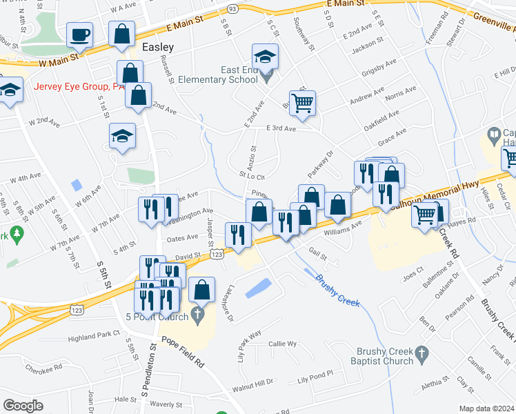 map of restaurants, bars, coffee shops, grocery stores, and more near 305 McBee Avenue in Easley