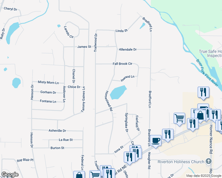 map of restaurants, bars, coffee shops, grocery stores, and more near 6305 Homestead Road in Huntsville