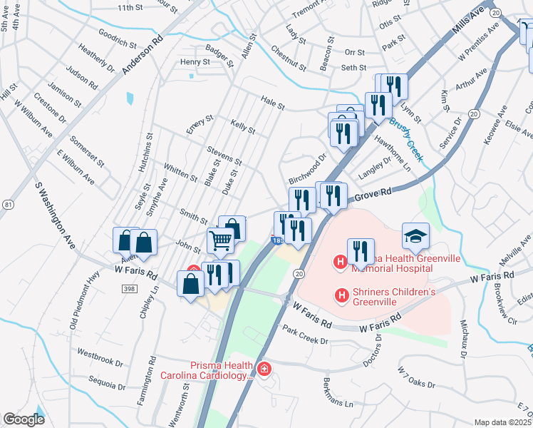 map of restaurants, bars, coffee shops, grocery stores, and more near 6 K-Mart Plaza in Greenville