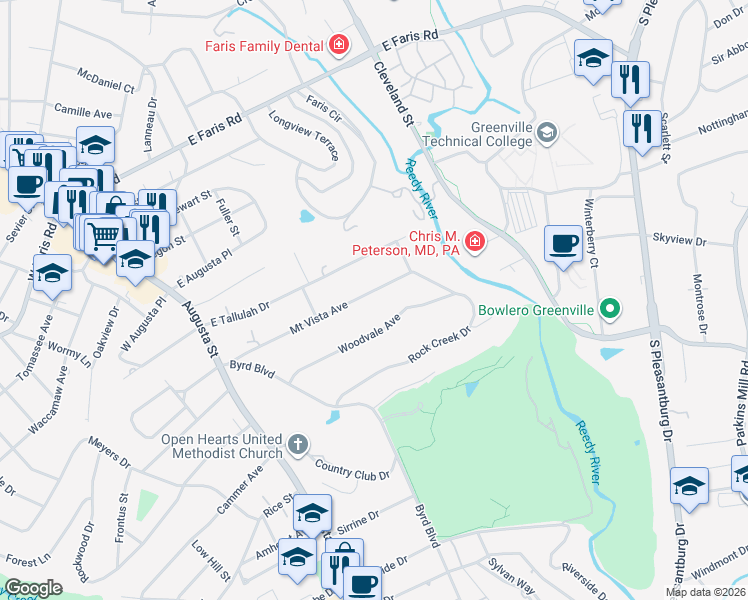 map of restaurants, bars, coffee shops, grocery stores, and more near 130 Mount Vista Avenue in Greenville