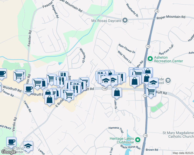 map of restaurants, bars, coffee shops, grocery stores, and more near 1901 Woodruff Road in Greenville