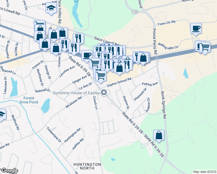 map of restaurants, bars, coffee shops, grocery stores, and more near 102 Hillandale Drive in Easley
