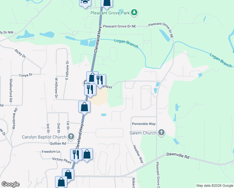 map of restaurants, bars, coffee shops, grocery stores, and more near 2110 Miller Grove Road in Dalton
