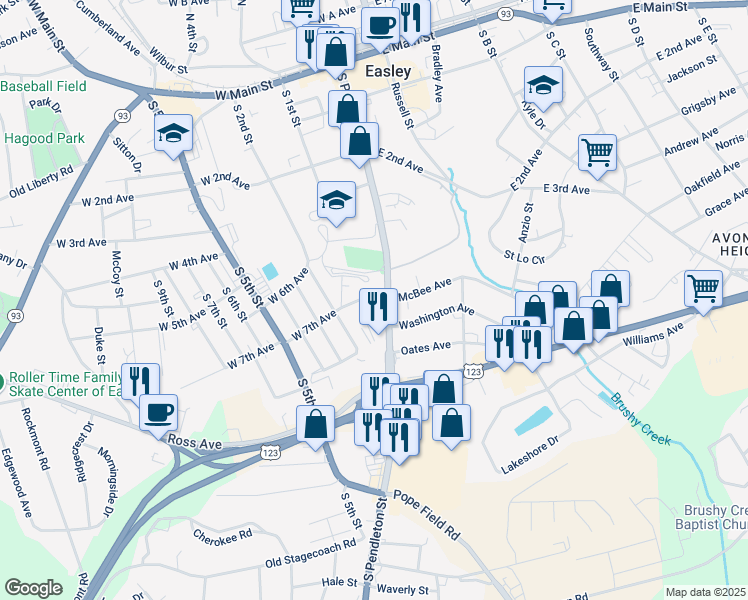 map of restaurants, bars, coffee shops, grocery stores, and more near 700 South Pendleton Street in Easley