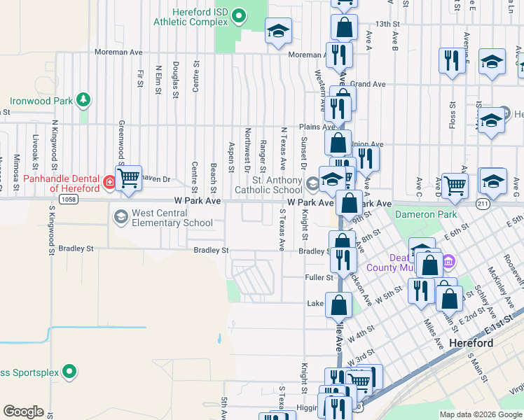 map of restaurants, bars, coffee shops, grocery stores, and more near 400-498 Ranch Road 1058 in Hereford