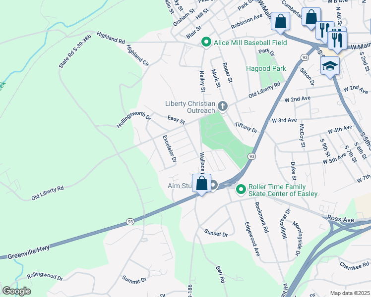 map of restaurants, bars, coffee shops, grocery stores, and more near 300 Regency Street in Easley