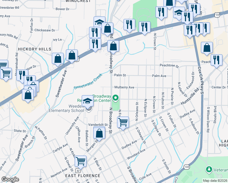 map of restaurants, bars, coffee shops, grocery stores, and more near 510 North Broadway Street in Florence