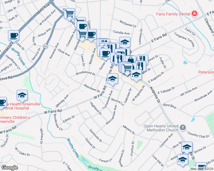 map of restaurants, bars, coffee shops, grocery stores, and more near 111 West Faris Road in Greenville