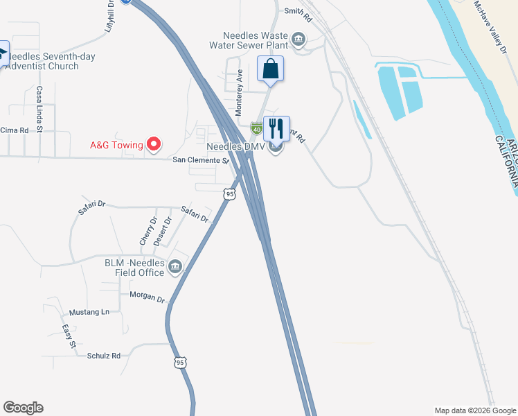 map of restaurants, bars, coffee shops, grocery stores, and more near Interstate 40 in Needles
