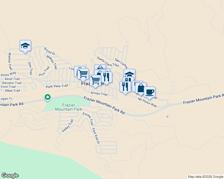 map of restaurants, bars, coffee shops, grocery stores, and more near 3408 Mount Pinos Way in Frazier Park
