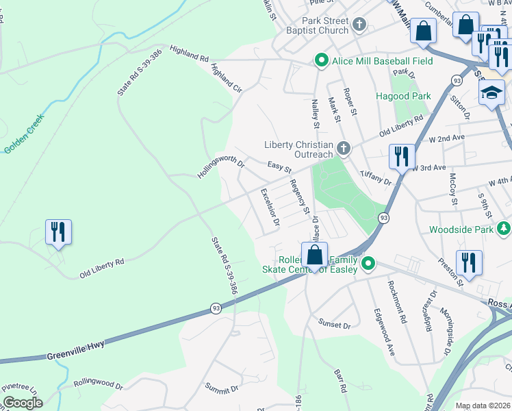 map of restaurants, bars, coffee shops, grocery stores, and more near 104 Bagwell Drive in Easley