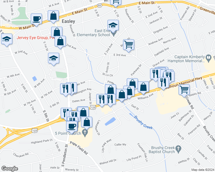 map of restaurants, bars, coffee shops, grocery stores, and more near 303 McBee Avenue in Easley