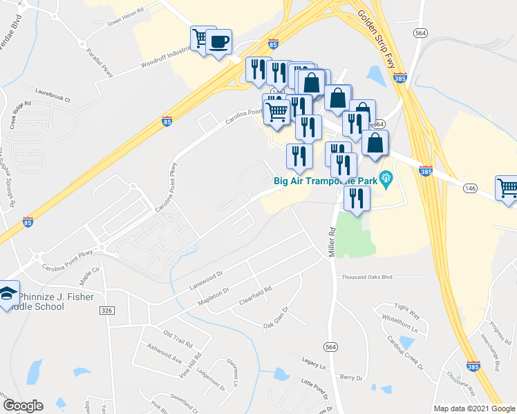 map of restaurants, bars, coffee shops, grocery stores, and more near 33 Market Point Drive in Greenville